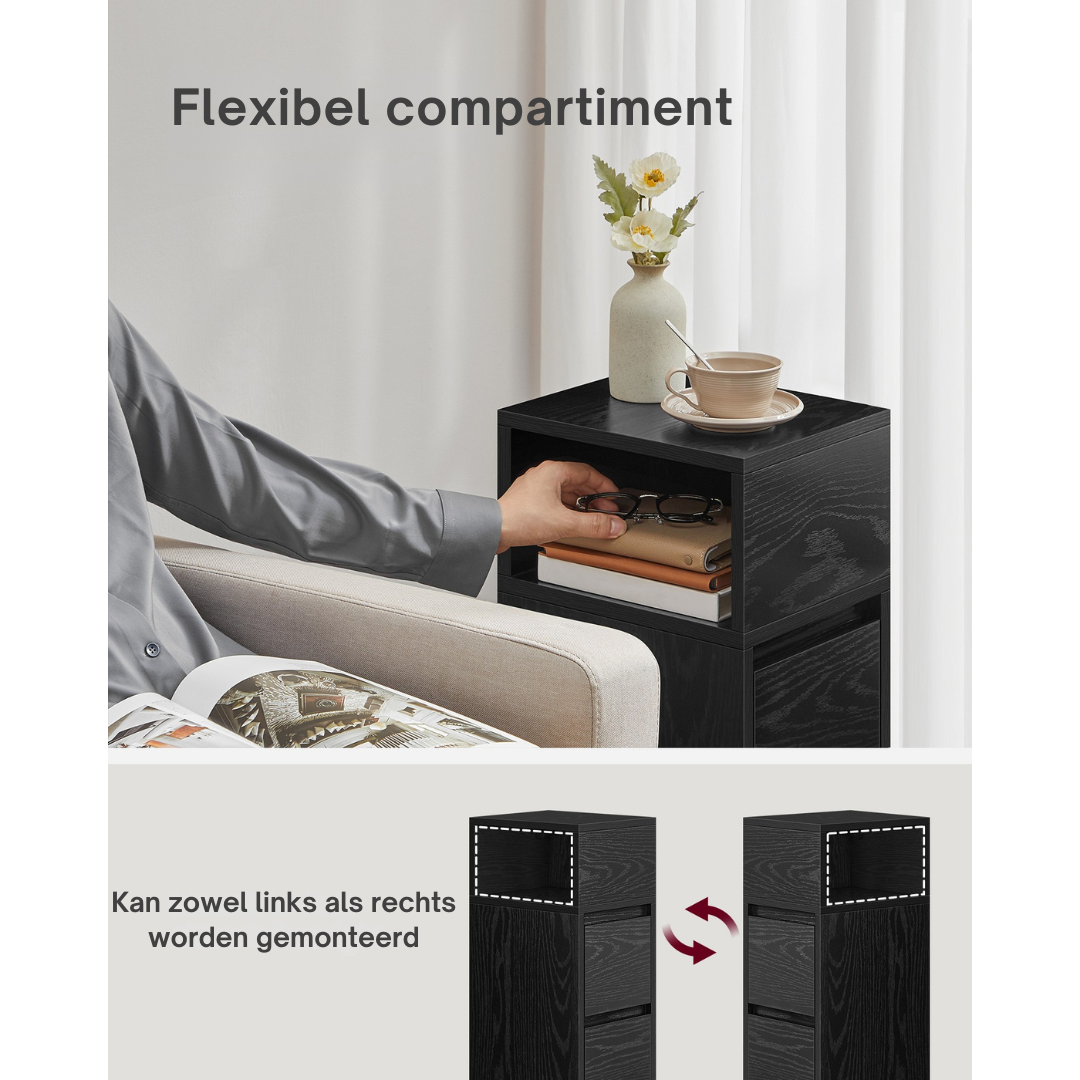 Livista Nachtkastjes – Set van 2 – Smalle Bijzettafels met 2 Lades – Flexibele Open Vakken – Ruimtebesparend – Voor Slaapkamer of Woonkamer – Zwart