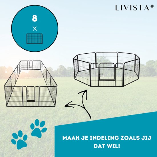 Livista Puppyren - Hondenren - Hondenbench - 8 kennelpanelen - 80 x 60 cm Ø 420 cm - Staal
