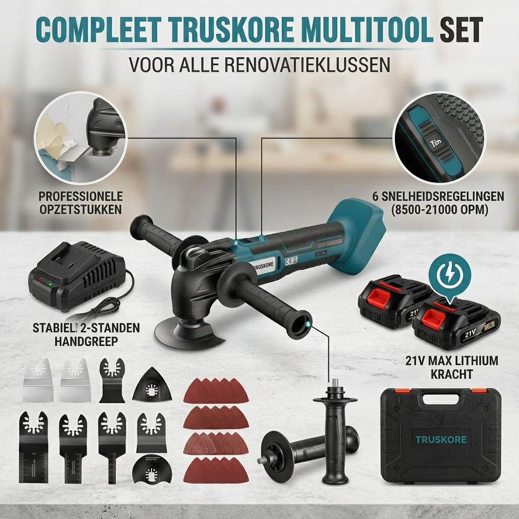 Truskore Multitool Accu 21V – Multitool Set Incl. 2 Accu’s – Oscillerende Multitool – Compatibel met Makita LXT – 7 Opzetstukken - 15 Schuurvellen