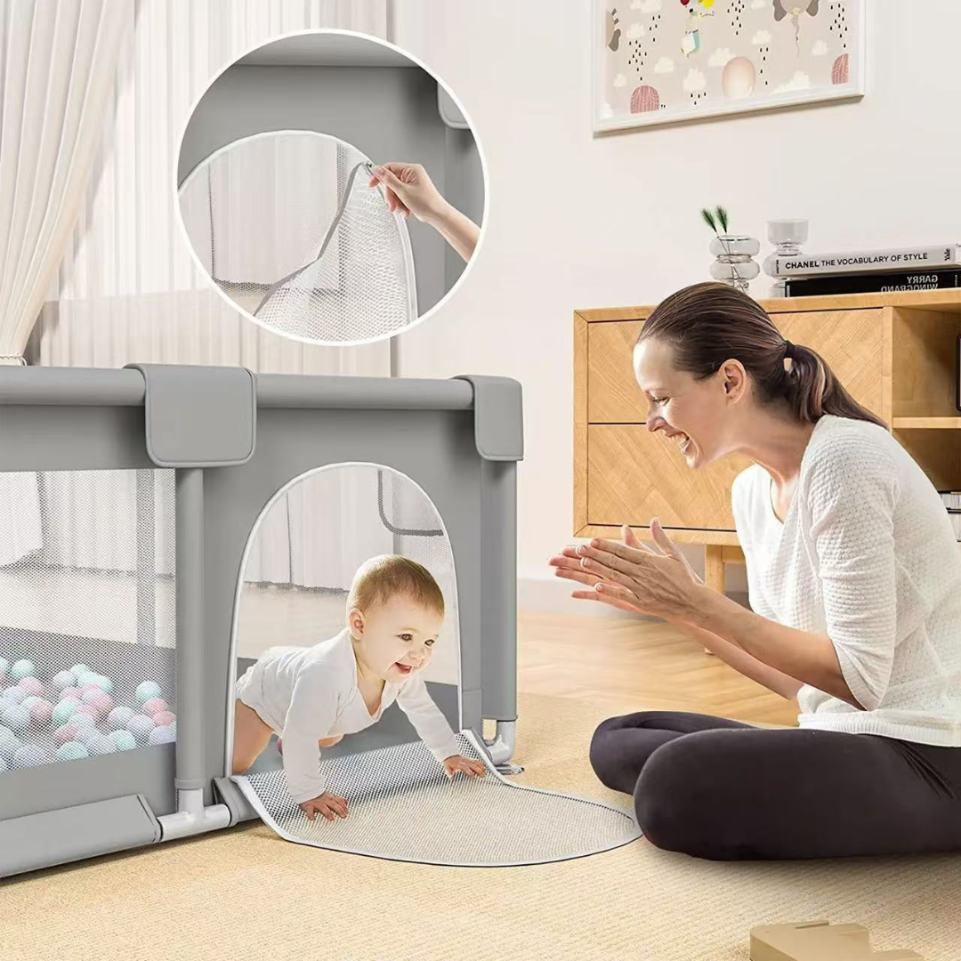 Livista Grondbox - Speelbox - Baby boxen - Kruipbox voor Baby - Playpen - Kinderbox - Met 4 optrek-handringen + 60 speelballen - Met trekring - 120 x 180 x 65cm - Grijs
