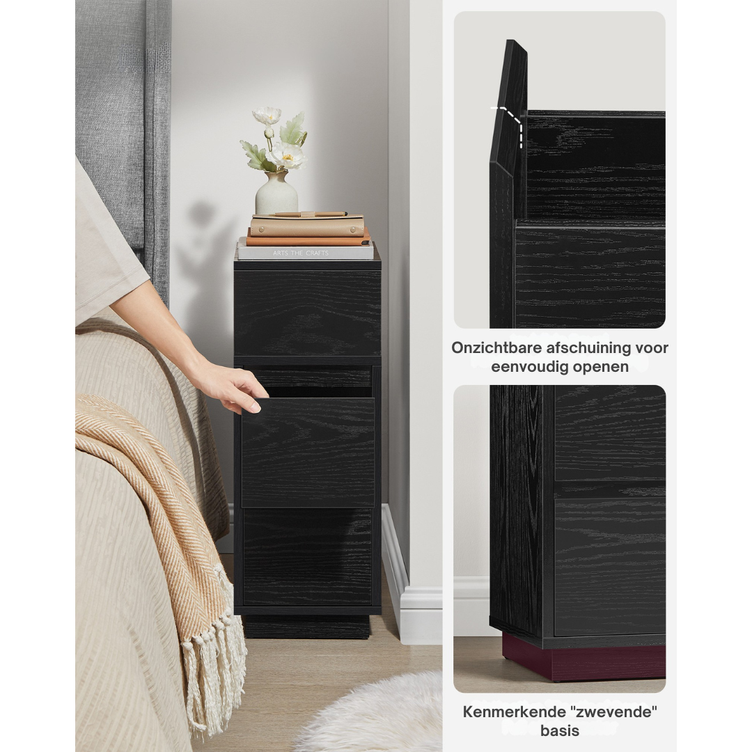 Livista Nachtkastjes – Set van 2 – Smalle Bijzettafels met 2 Lades – Flexibele Open Vakken – Ruimtebesparend – Voor Slaapkamer of Woonkamer – Zwart