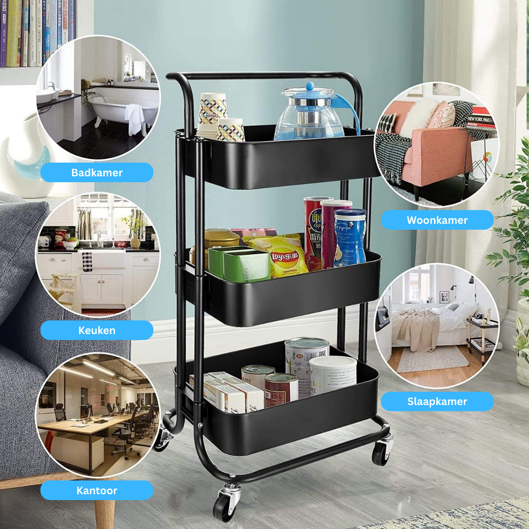 Livista Opbergtrolley met Wielen – 3-Laags Metalen Opbergwagen –met 3 Hangmanden – Multifunctioneel– Zwart