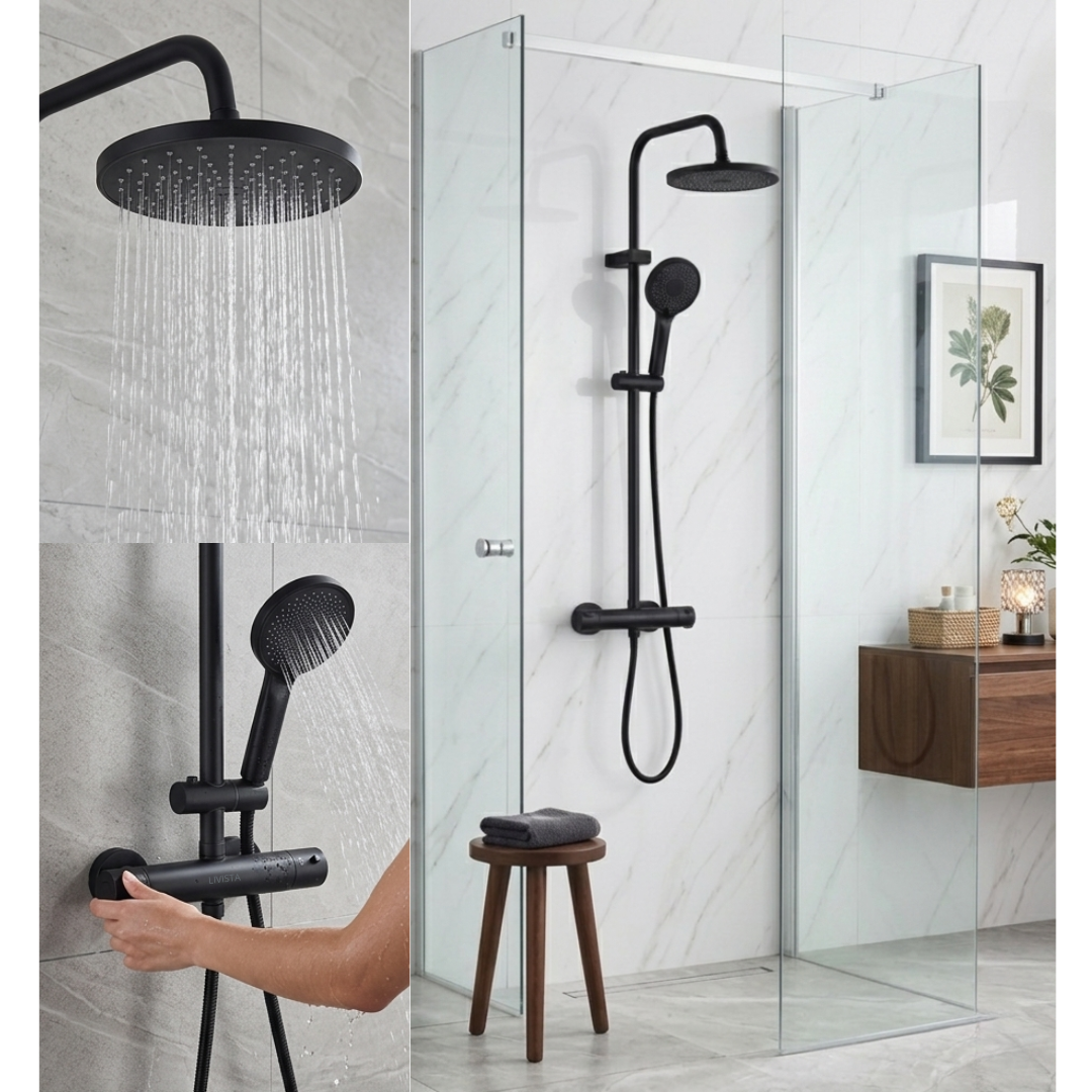 Livista Regendouche Set – Met Thermostaatkraan – Regendouche & Handdouche – 38°C Messing Thermostaatkraan – Douchekolom Wandmontage – Zwart