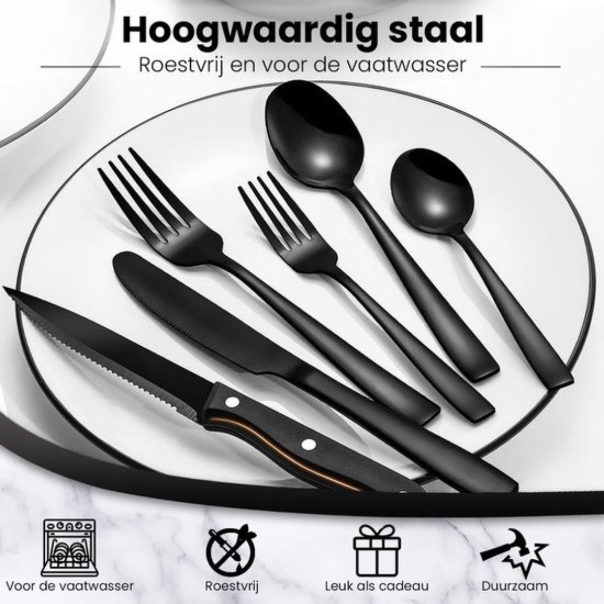 Livista Bestekset - Bestek - 48 Delig - Roestvrijstaal - Vaatwasserbestendig - Messen - Vorken - Lepels - Steakmessen - Eetgerei - Zwart
