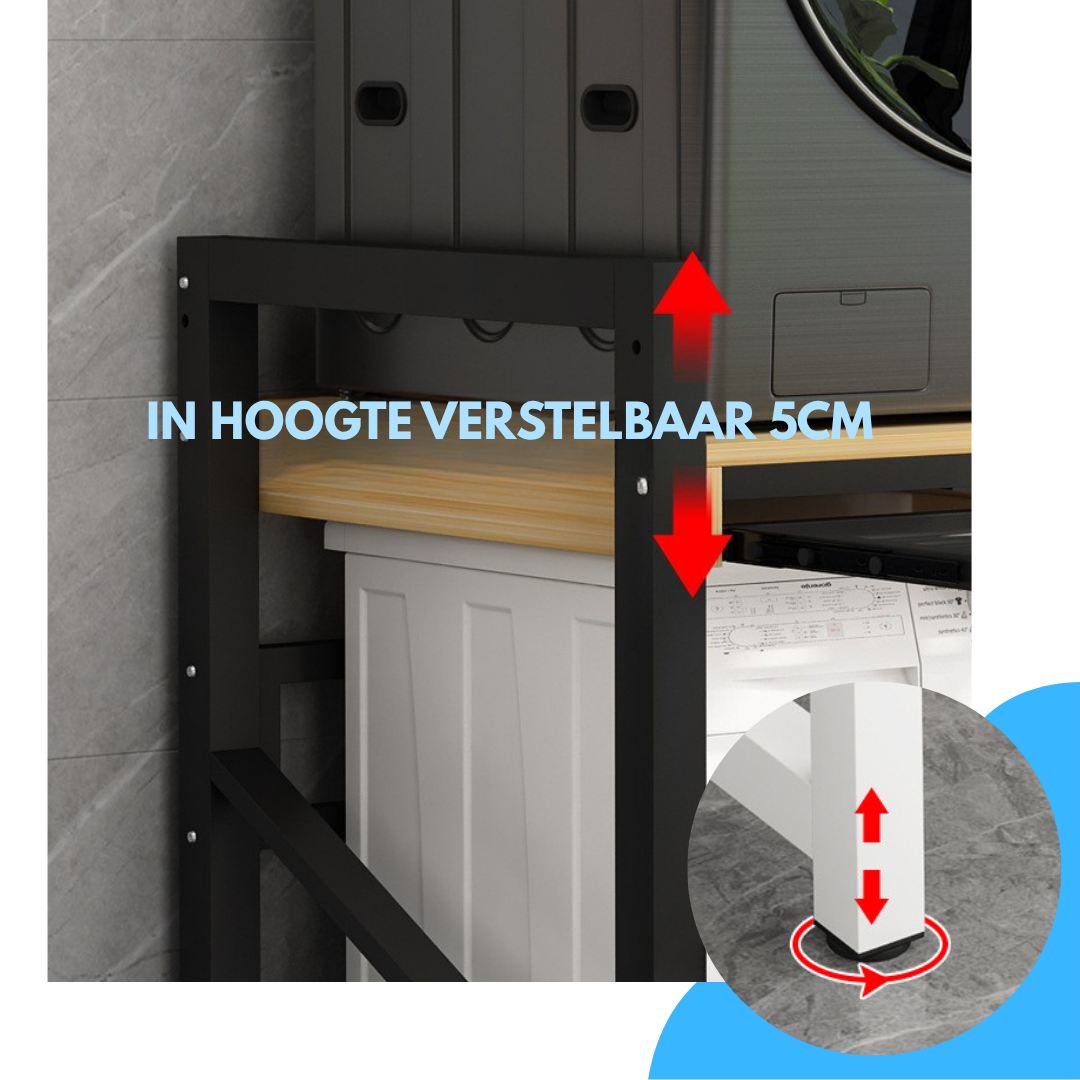 Livista Wasmachinerek – Met Uitschuifbare Hangstang – 200 kg Draagvermogen – Ruimtebesparende Wasmachine Organizer – Versterkt Stalen Frame – 3 Hoogtestanden – Water-, Kras- en Hittebestendig Werkblad – Antislip Voetjes – Zwart/Hout