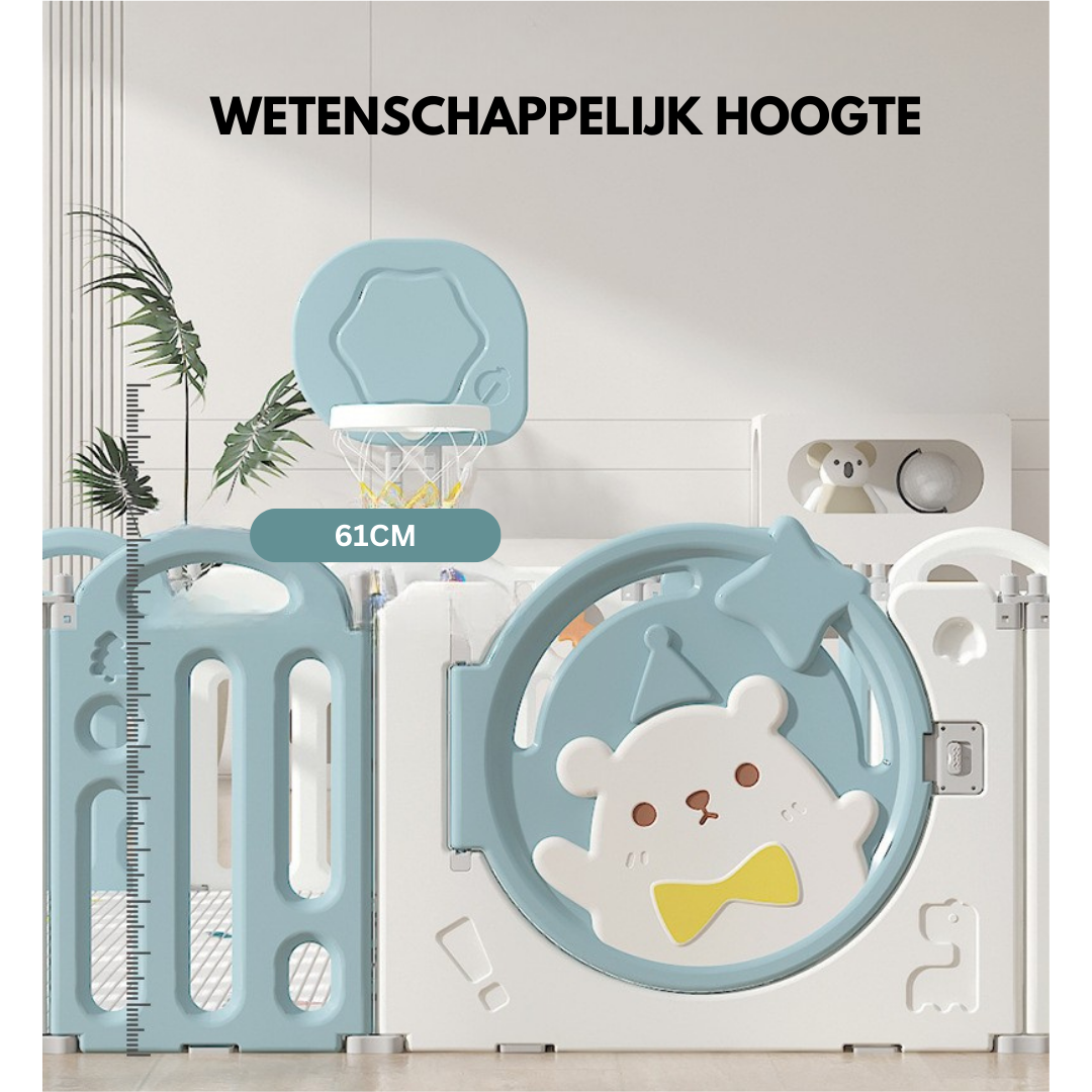 Livista Grondbox Baby –187x150x61cm – 14+2 Panelen – Inklapbare Speelbox met Beren-Thema – Verstelbare Basketbalring – Met Zuignappen – Inclusief Kruipmat – Veilig Kinderbox Playpen