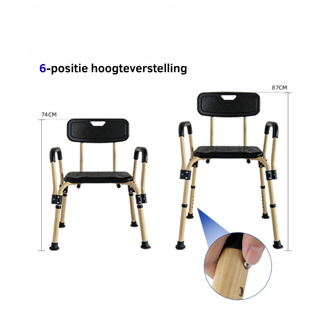 Livista Douchestoel - Verstelbare Hoogte 74-87cm - Geïntegreerde Douchekruk - Max. 150KG - Met Rugleuning en Armleuningen - Inclusief Douchekophouder - Antislippoten - Zwart/Houtnerf