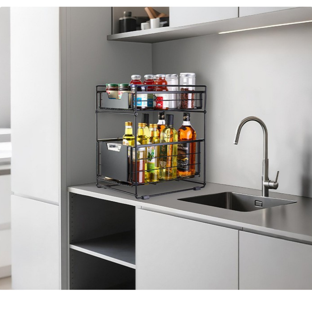 Livista Uittrekbare Organizer – Dubbele Lades – Antislip – Metalen Opbergrek – voor Keuken, Badkamer, Kast en Werkblad – Zwart