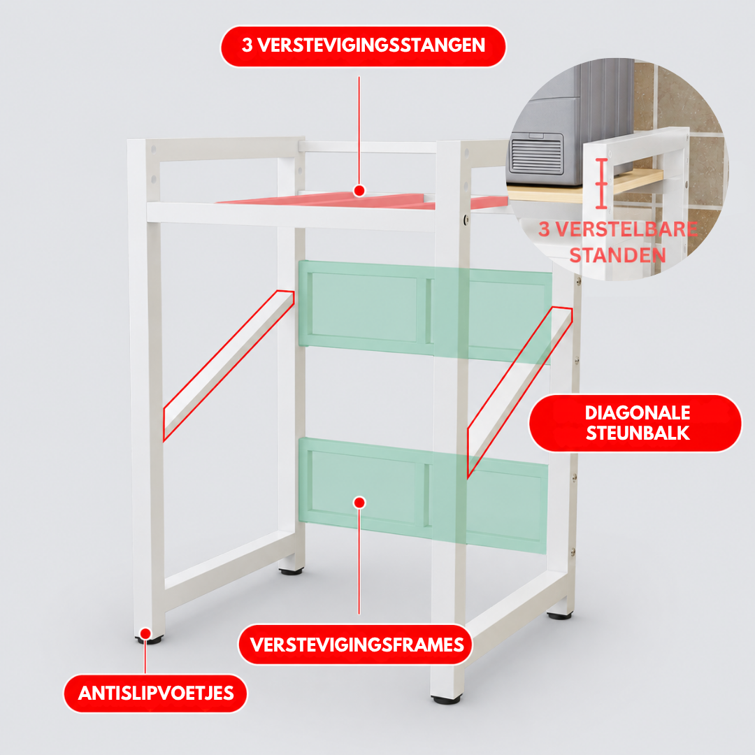 Livista Wasmachinerek - Wasmachine kast - Badkamerrek – Ruimtebesparende Wasmachine Organizer – Stalen Frame – 3 Hoogtestanden – Water-, Kras- en Hittebestendig Werkblad – Antislip Voetjes – 200 kg Draagvermogen - Wit/Hout