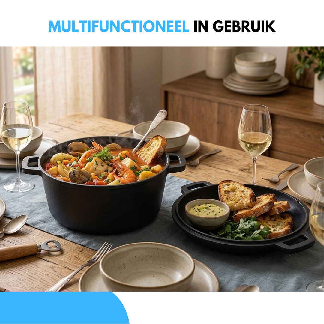 Livista Gietijzeren Braadpan - Ø26 cm - Dutch Oven 4,5L - 2-in-1 Gietijzeren Pan met Koekenpan Deksel - Geschikt voor Inductie, Gas, Oven & Keramisch - Zwart