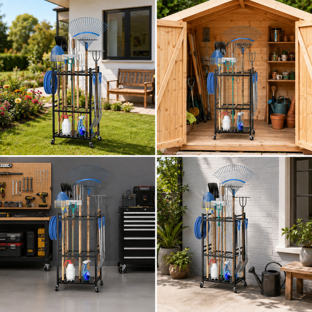 Livista Verrijdbaar Gereedschapsrek – Gereedschap Organizer voor Tuingereedschap – Max. 53 kg – Verplaatsbare Haken – 360° Wielen – voor Garage, Schuur en Berging