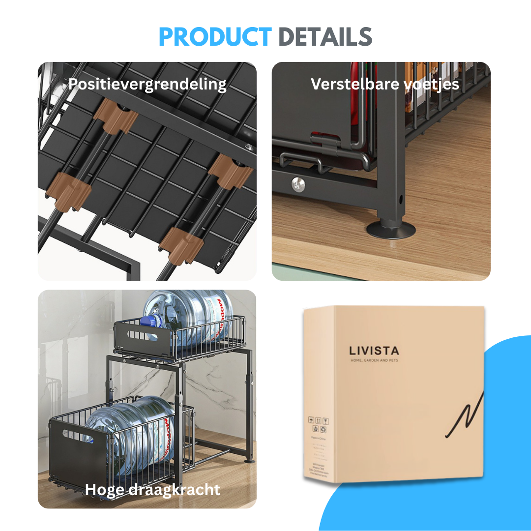 Livista Uittrekbare Organizer – In hoogte verstelbaar – 2-laags Opbergrek – voor Keuken, Badkamer & Kast – Max. 10 kg – Gladde Glijdende Lades – Antislip – Zwart