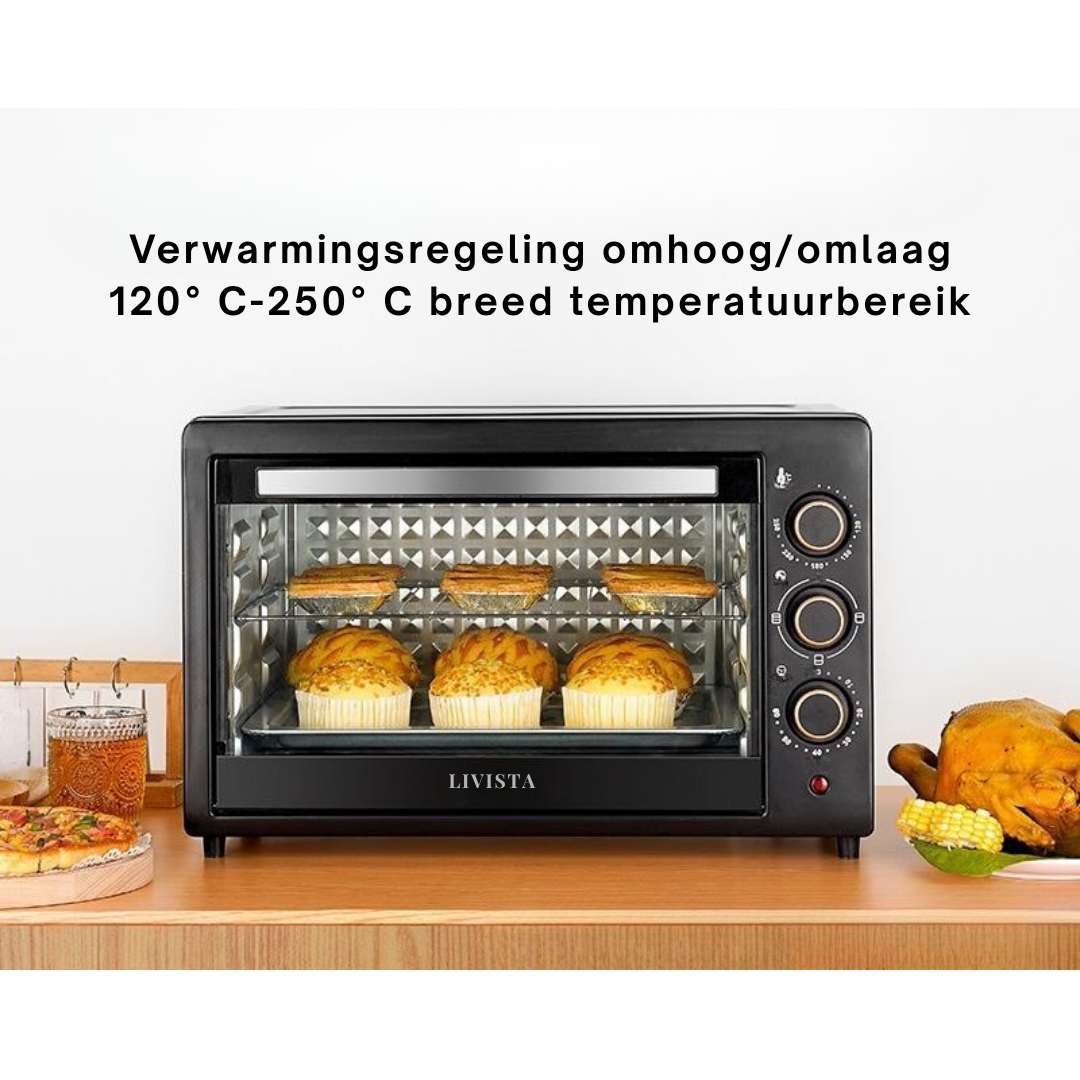 Livista® Vrijstaande Oven – 48L – Dubbele Verwarming – 120–250 °C – RVS Binnenkant – Gehard Glas – Perfect voor Bakken, Braden en Grillen
