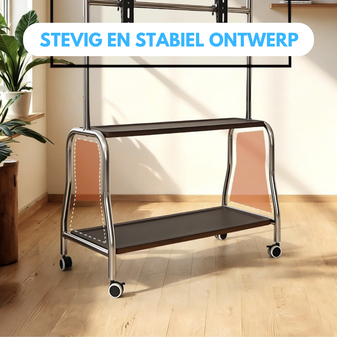Livista Mobiele TV Standaard – Verrijdbaar TV Meubel – Dubbele Houten Planken – Geschikt voor 32-75 Inch TV – Max. 50 kg – Stalen Frame