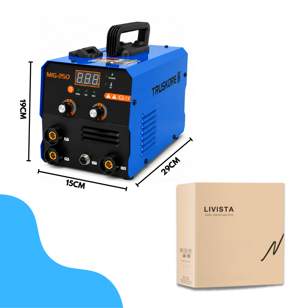 TRUSKORE MIG-250 Lasapparaat – 3-in-1 MIG/MMA/Lift TIG – 20-120A – Meerproceslaser– IGBT Inverter – Compact Inverter Lasmachine – LED Display – Blauw