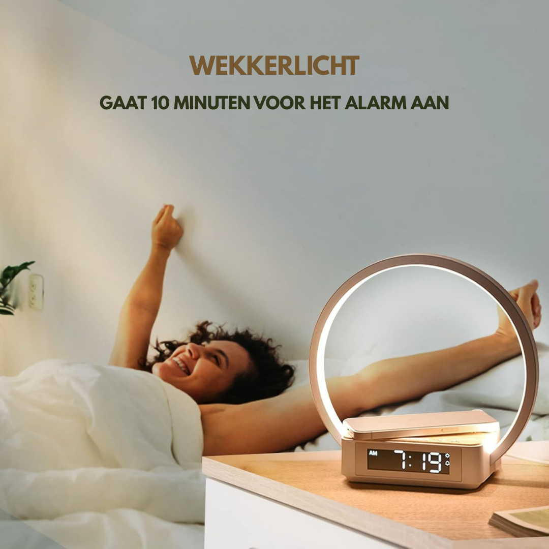 Livista Wake Up Light – Wekker – Draadloze Oplader – 15W – Touch Bureaulamp – met 3 Lichtkleuren – Voor Telefoon, Smartwatch & AirPods