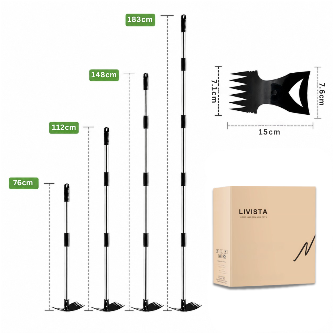 Livista 2-in-1 Onkruidverwijderaar – Met Lange Steel – Schoffel en Handcultivator – Staande Onkruidtrekker – Verstelbaar tot 183 cm – RVS Steel – Voor Onkruid Verwijderen en Grond Losmaken – Inclusief Tuinhandschoenen