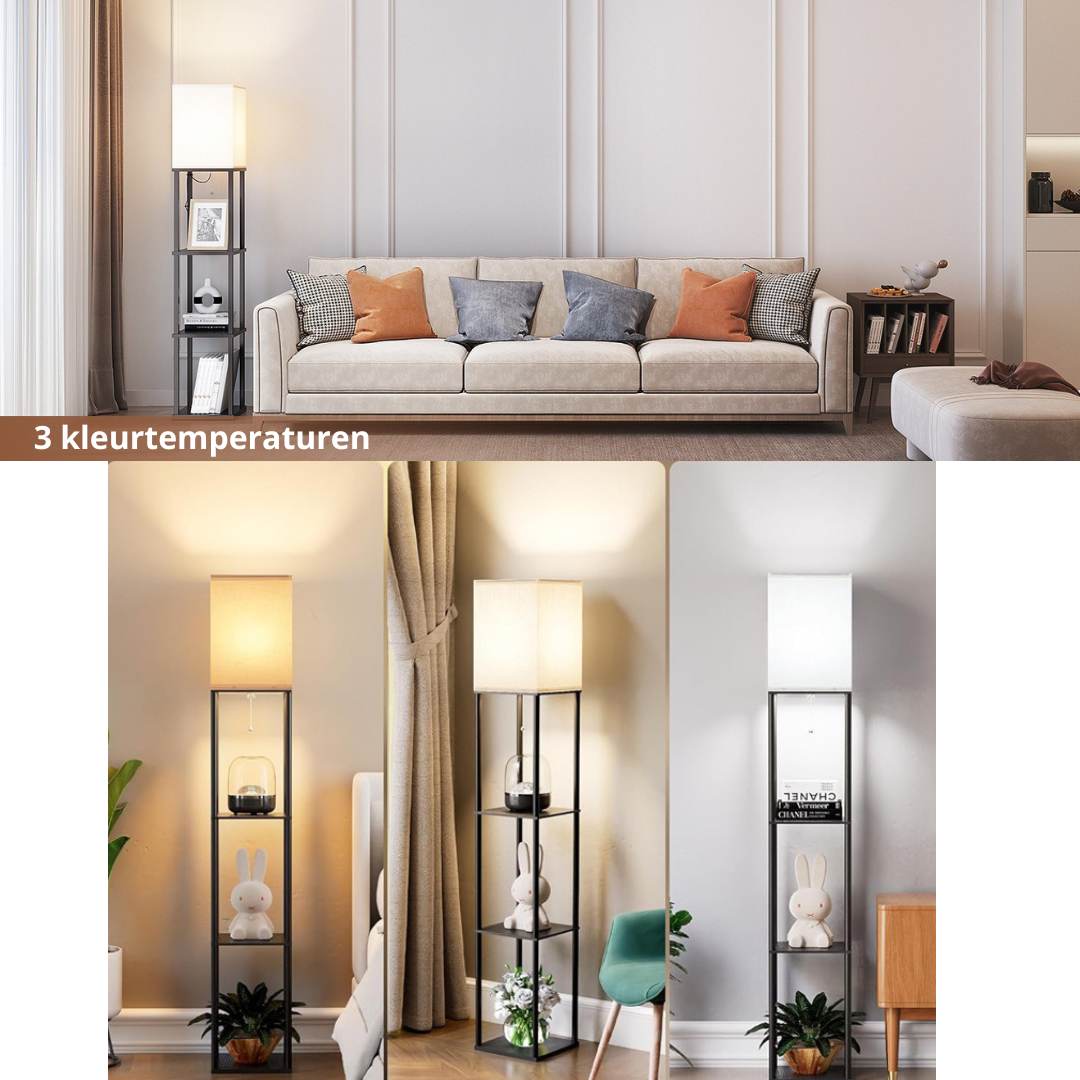 Livista® Staande Vloerlamp – met 3 Planken – 3-Kleuren Dimbaar – USB Oplaadfunctie – 160 cm – Modern & Functioneel