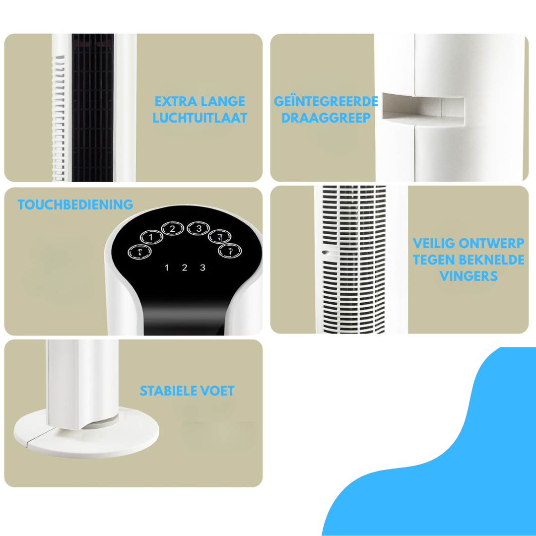 Livista Torenventilator - 90° Oscillatie - Afstandsbediening - 24-uurs Timer - Touchbediening - 3 Snelheden - 45 dB - Vortex-luchtstroom - Wit