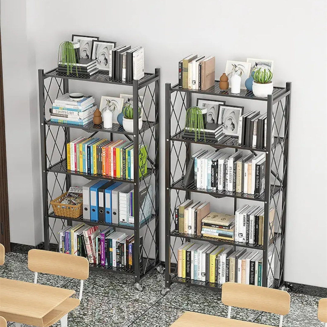 Livista Inklapbare Stellingkast – 5-laags – Met 360° wielen – Open Vakkenkast – Duurzaam Metaal – Ruimtebesparend – H160 x B71 x D38 cm – Max 20 kg per Plank – Zwart