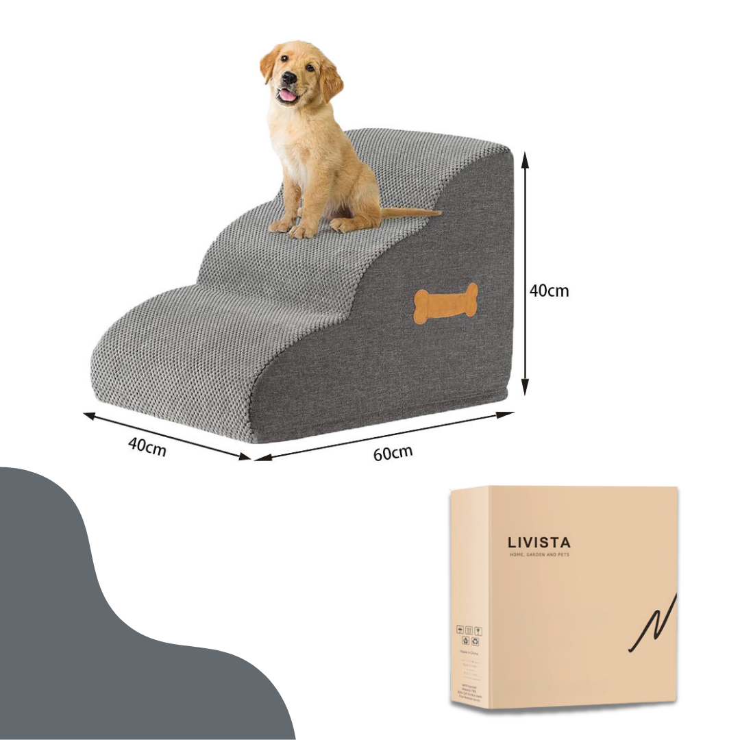 Livista Hondentrap – 3 Treden – Hondentrap voor Bank en Bed – Honden Opstapje – Antislip – Comfortabel Schuim 30D – Afneembare Wasbare Hoes – Grijs
