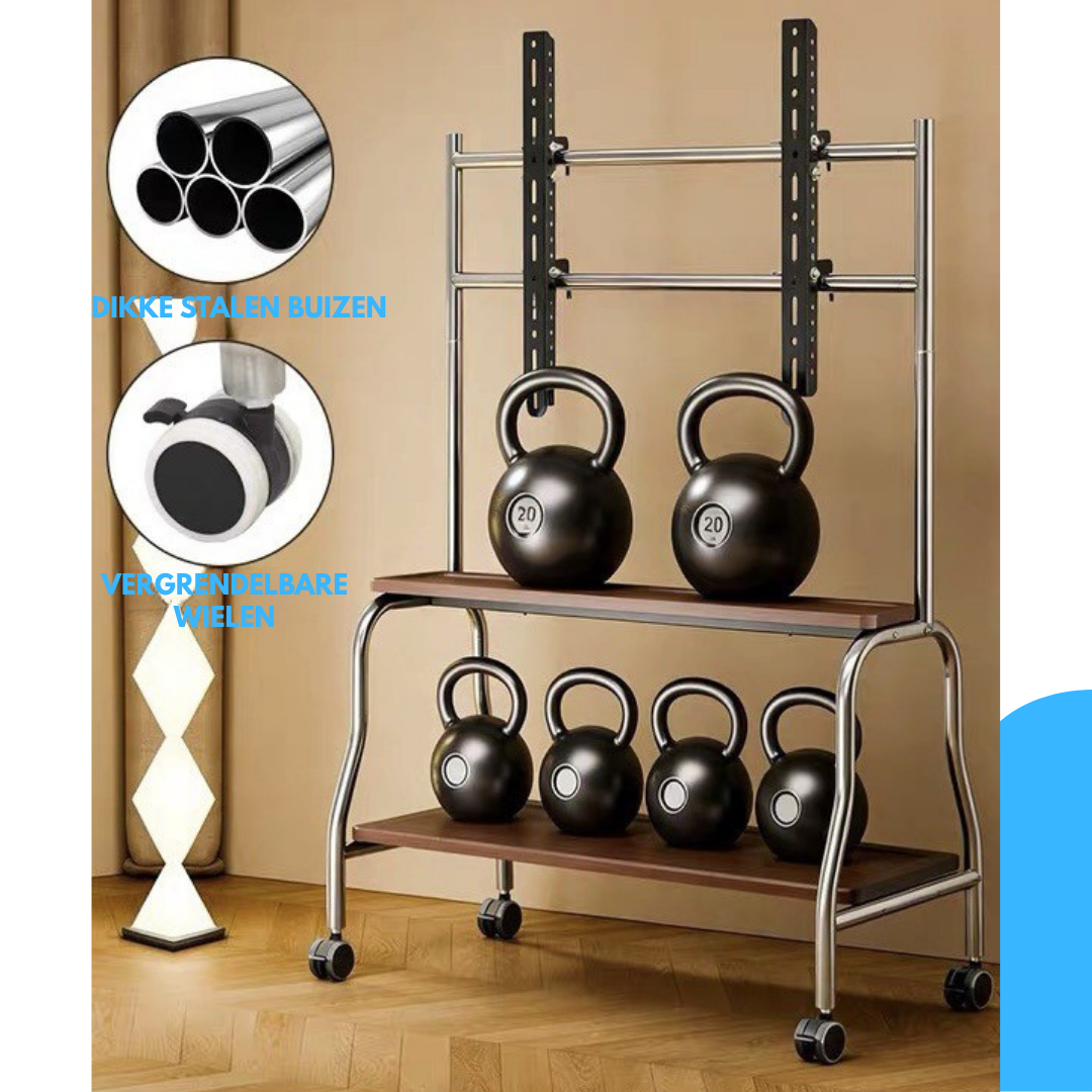 Livista Mobiele TV Standaard – Verrijdbaar TV Meubel – Dubbele Houten Planken – Geschikt voor 32-75 Inch TV – Max. 50 kg – Stalen Frame