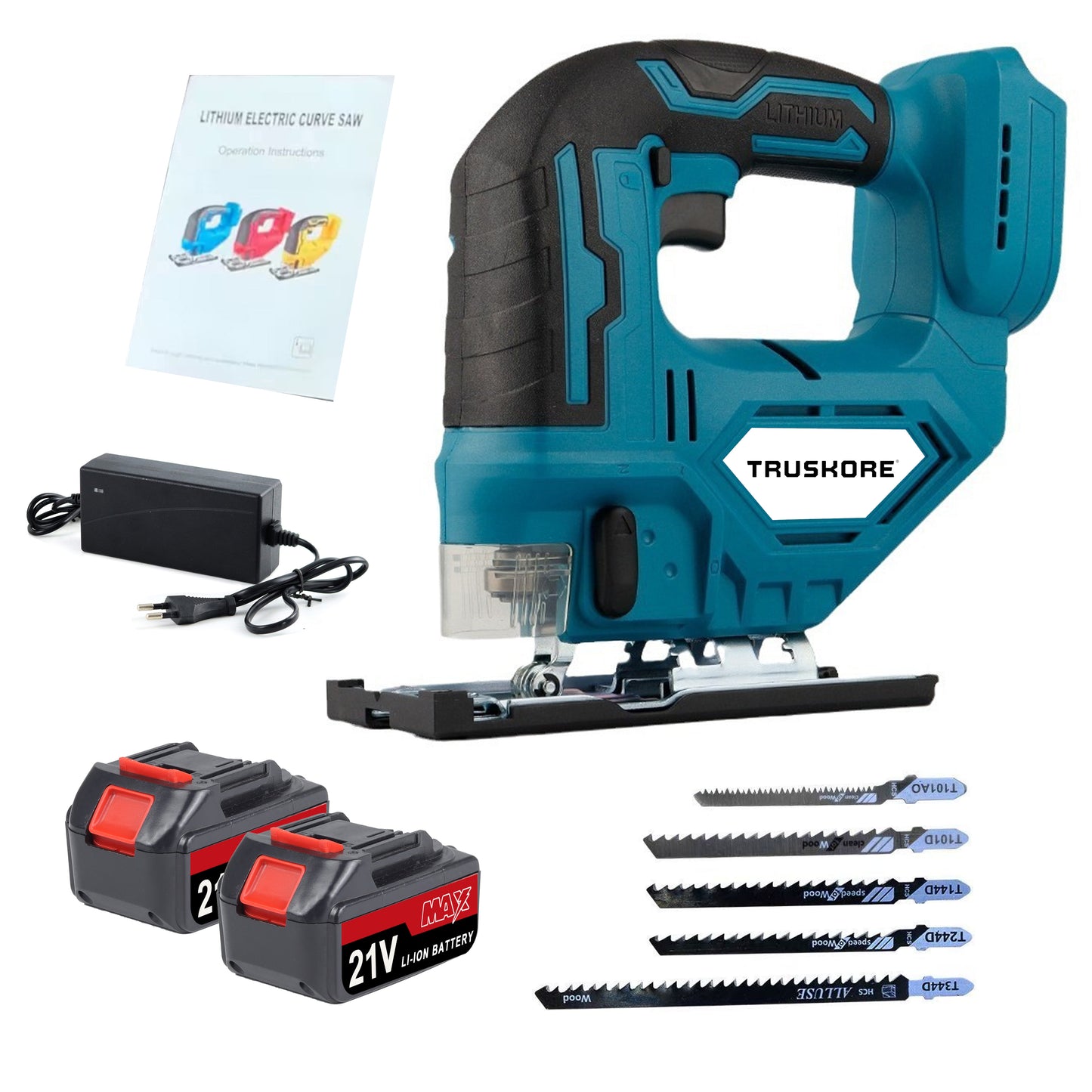 TRUSKORE 21V Accu Decoupeerzaag – Incl. 2x Accu & Oplader – 5 Zaagbladen – Variabele Snelheid – Draadloos & Ergonomisch - Zaagdiepte 65 mm - Voor Hout, Metaal & Kunststof