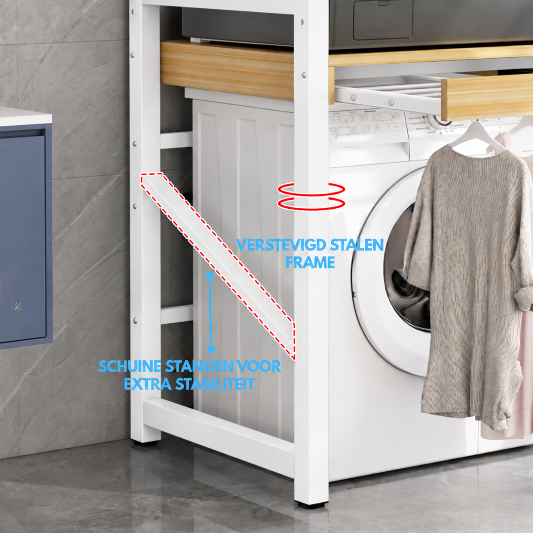 Livista Wasmachinerek - Wasmachine kast - Badkamerrek – Ruimtebesparende Wasmachine Organizer – Stalen Frame – 3 Hoogtestanden – Water-, Kras- en Hittebestendig Werkblad – Antislip Voetjes – Uitschuifbare Hangstang - 200 kg Draagvermogen - Wit/Hout