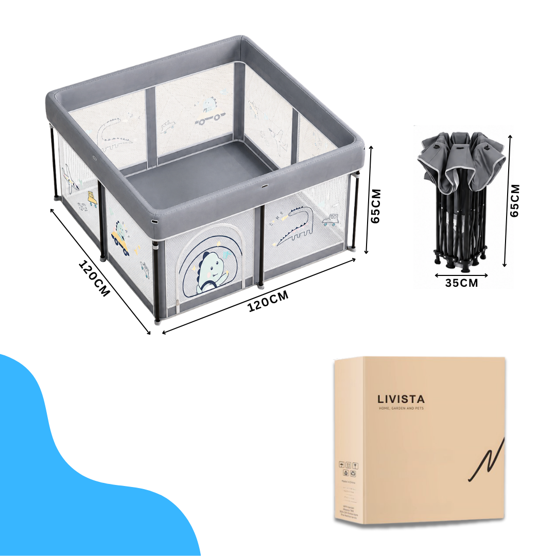 Livista Baby Grondbox – Opvouwbaar Babybox – 120x120x65 cm – Speelbox – Inclusief Speelmat, 60 Ballen en 4 Trekringen – Opbergtas – Ademend & Transparant Gaas – Compact Inklapbaar – Grijs