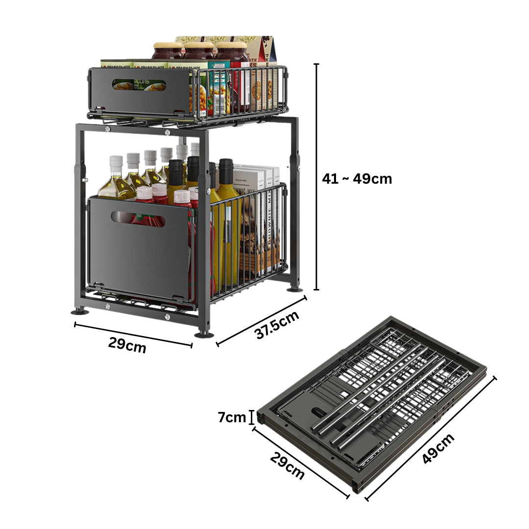 Livista Uittrekbare Organizer – In hoogte verstelbaar – 2-laags Opbergrek – voor Keuken, Badkamer & Kast – Max. 10 kg – Gladde Glijdende Lades – Antislip – Zwart