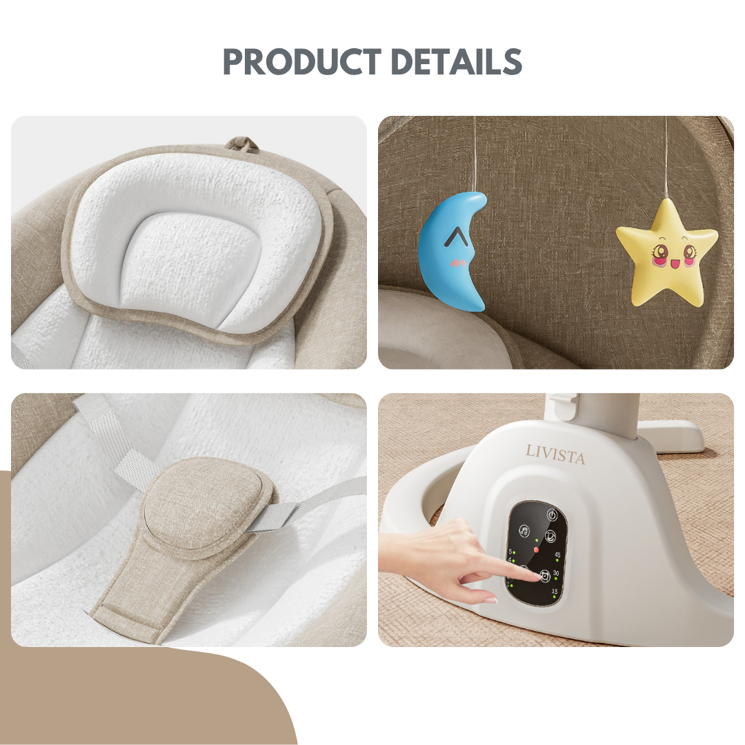 Livista Elektrische Wipstoel Baby – Babywipstoel – Met Afstandsbediening – 5 Schommelstanden – 3 Verstelbare Rugstanden – Timer – Baby Schommelstoel – LED Touchpaneel – Met Muskietennet – Lichtbruin