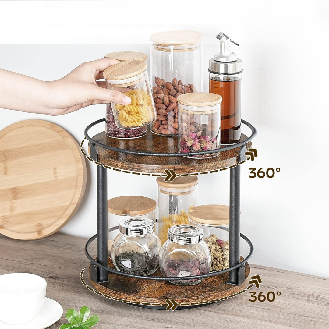 Livista Draaibaar Kruidenrek – 2 Lagen – Kruiden Organizer – Met 360° Rotatie – Keuken Organizer – Zwart/Hout