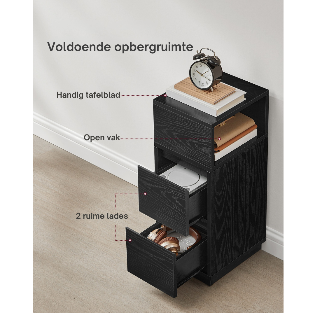 Livista Nachtkastjes – Set van 2 – Smalle Bijzettafels met 2 Lades – Flexibele Open Vakken – Ruimtebesparend – Voor Slaapkamer of Woonkamer – Zwart