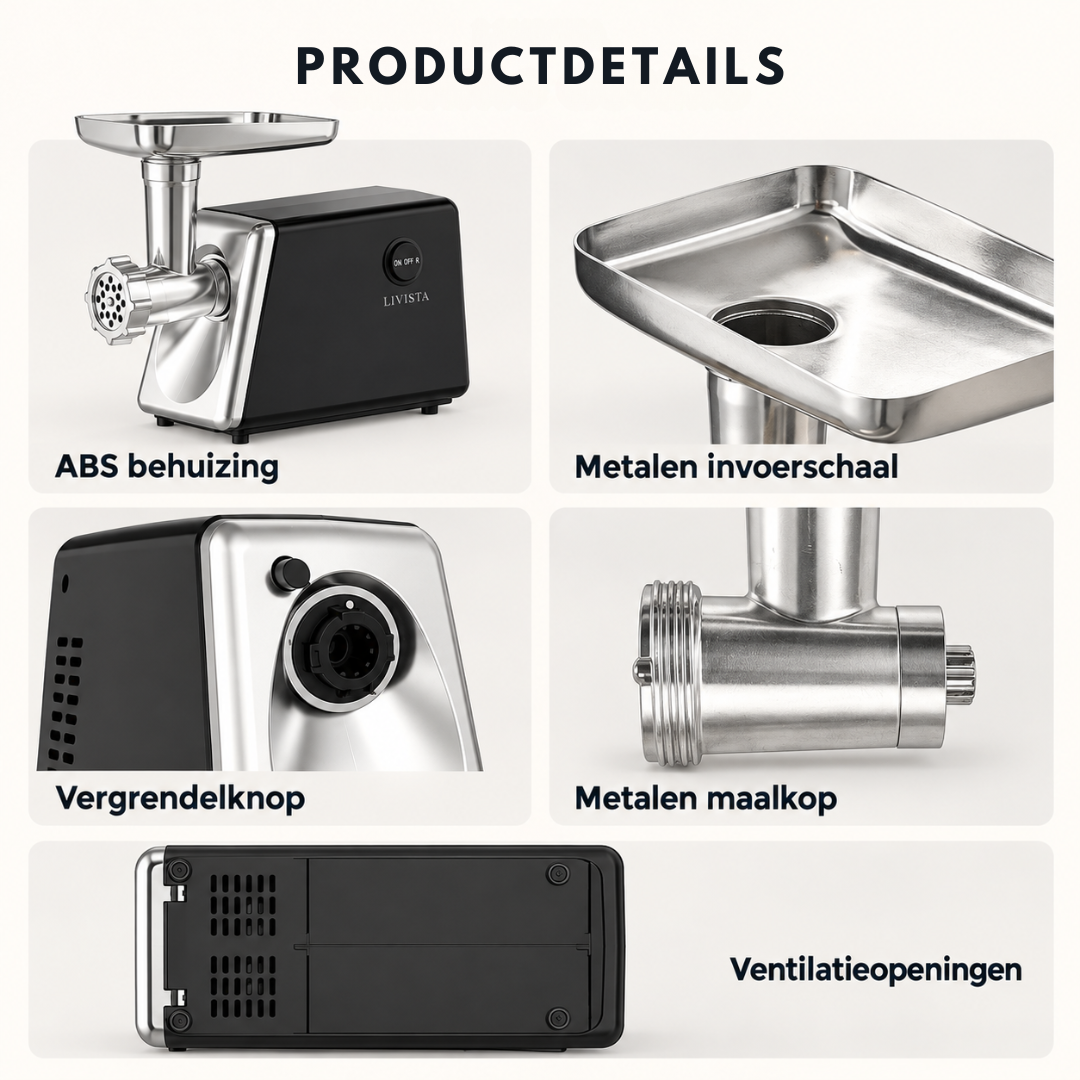 Livista Elektrische Vleesmolen - 2500W - Gehaktmolen 3 kg/min - 3 Snijplaten - Reverse Functie - RVS Vulbak 2L - Met Worstvuller & Accessoires - Zwart
