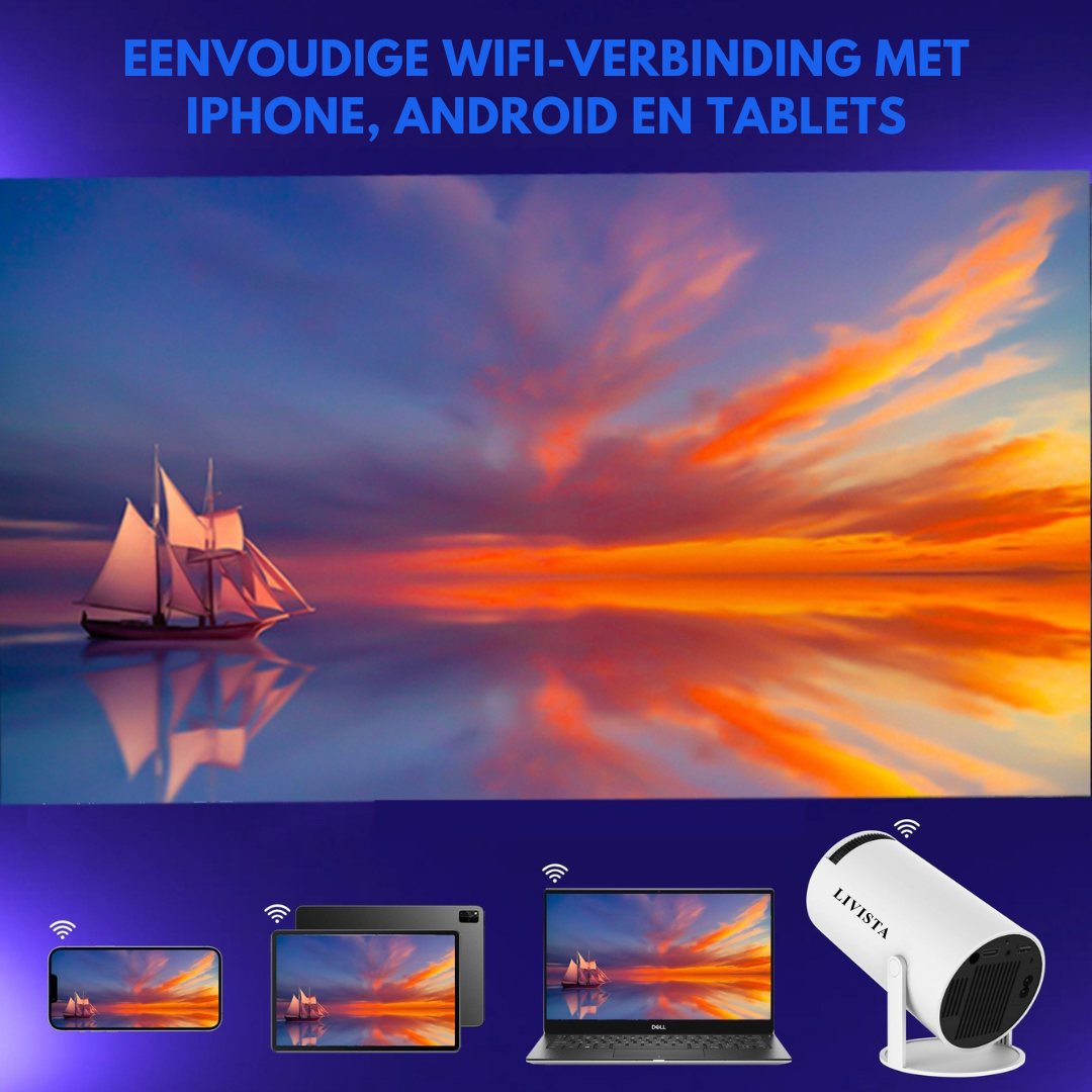 Livista Smart Mini Beamer – 4K Ondersteuning – Android 13 – WiFi 6 & Bluetooth 5.0 – Auto Keystone – Draagbare HD Projector – Voor Thuisbioscoop, Gaming & Presentaties – Geschikt voor IOS en Android – Wit