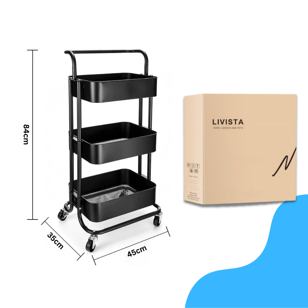 Livista Opbergtrolley met Wielen – 3-Laags Metalen Opbergwagen –met 3 Hangmanden – Multifunctioneel– Zwart