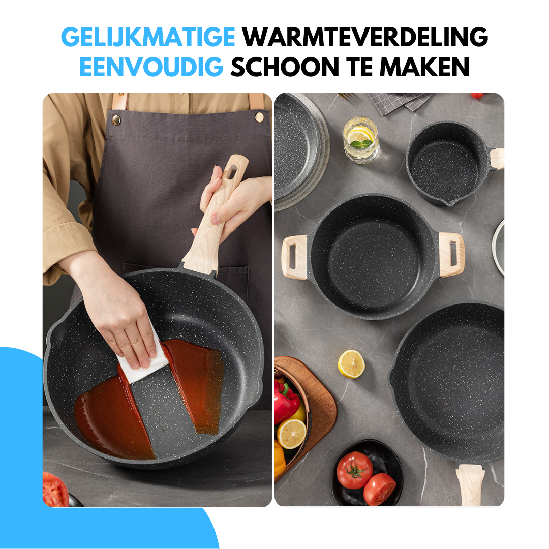 Livista Pannenset 14-delig – Wokpan, Koekenpan, Soeppan & Steelpan – Inclusief Keukengerei – – Makkelijk Schoon te Maken – Geschikt voor Inductie – Zwart