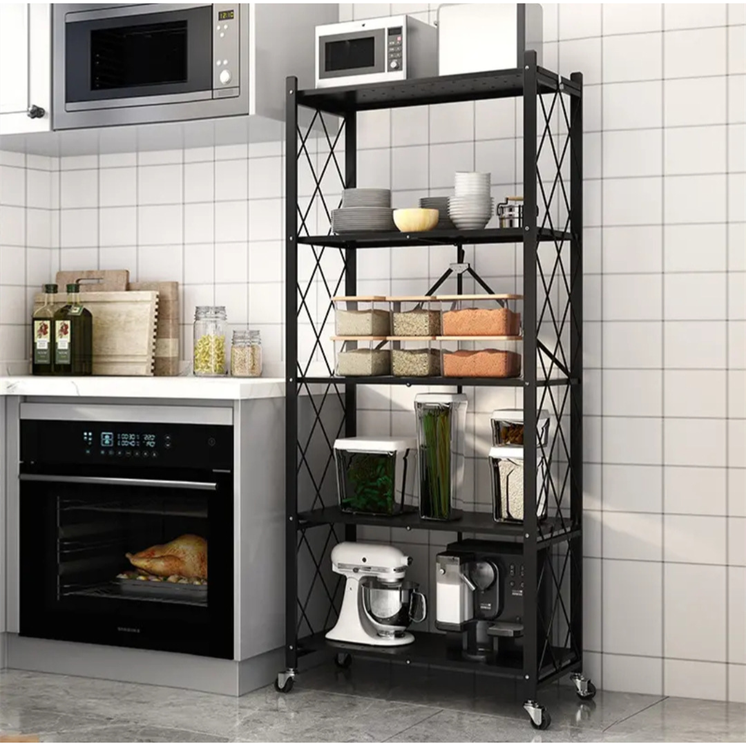Livista Inklapbare Stellingkast – 5-laags – Met 360° wielen – Open Vakkenkast – Duurzaam Metaal – Ruimtebesparend – H160 x B71 x D38 cm – Max 20 kg per Plank – Zwart
