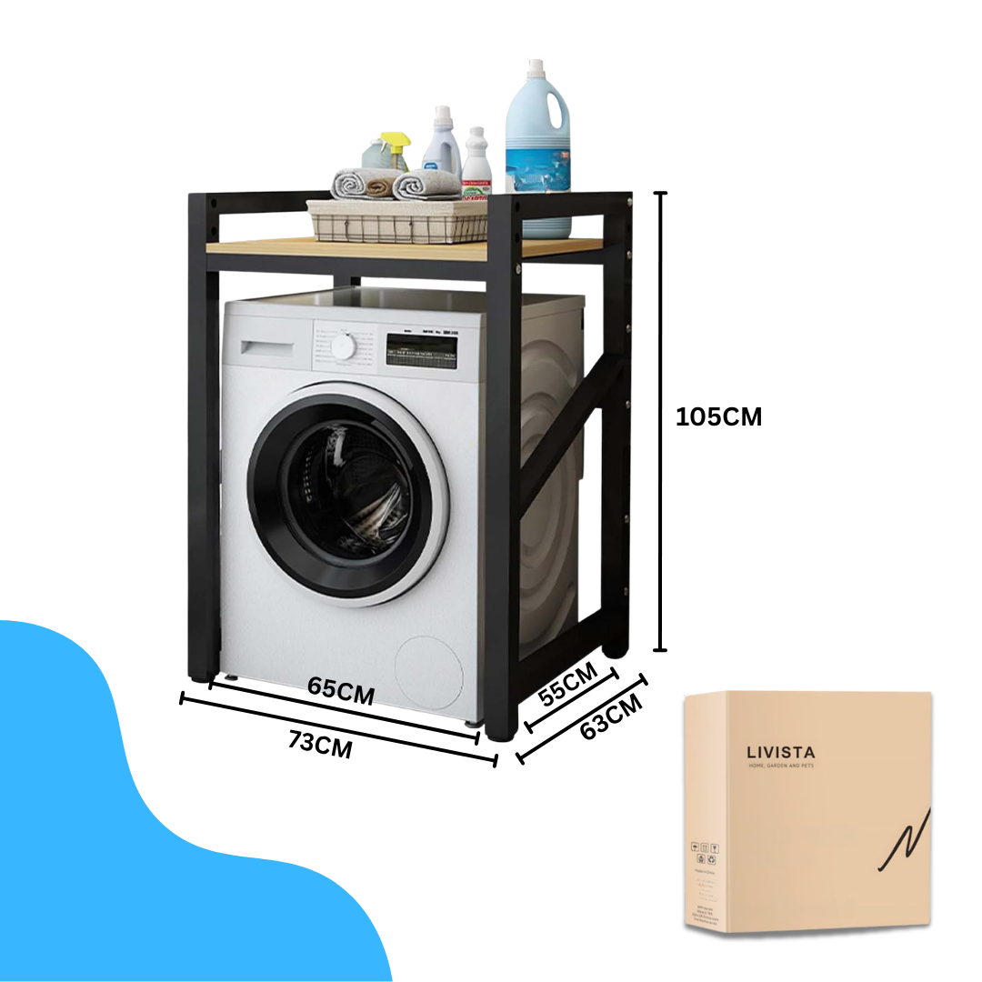 Livista Wasmachinerek – 200 kg Draagvermogen – Ruimtebesparende Wasmachine Organizer – Versterkt Stalen Frame – 3 Hoogtestanden – Water-, Kras- en Hittebestendig Werkblad – Antislip Voetjes – zwart/hout
