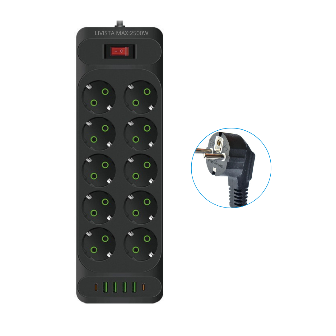 Livista Stekkerdoos – met Schakelaar 16-voudig – 2 Meter Verlengsnoer – 2500W– USB & USB-C – Overspanningsbeveiliging – Zwart