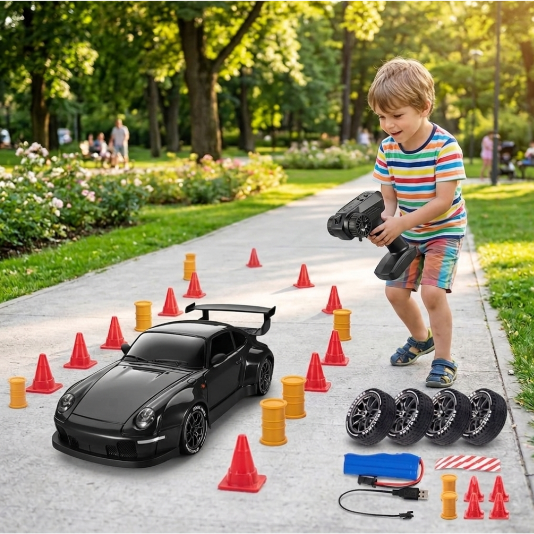 Livista Snelle RC Drift Auto 1:24 – Drift Raceauto met 4WD – Afstandsbestuurbare Auto – 20 km/h – LED Verlichting – 3 Oplaadbare Accu’s – Driftbanden – Zwart