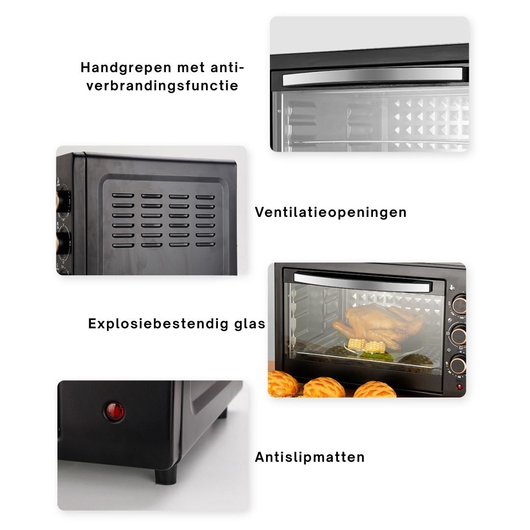 Livista® Vrijstaande Oven – 48L – Dubbele Verwarming – 120–250 °C – RVS Binnenkant – Gehard Glas – Perfect voor Bakken, Braden en Grillen
