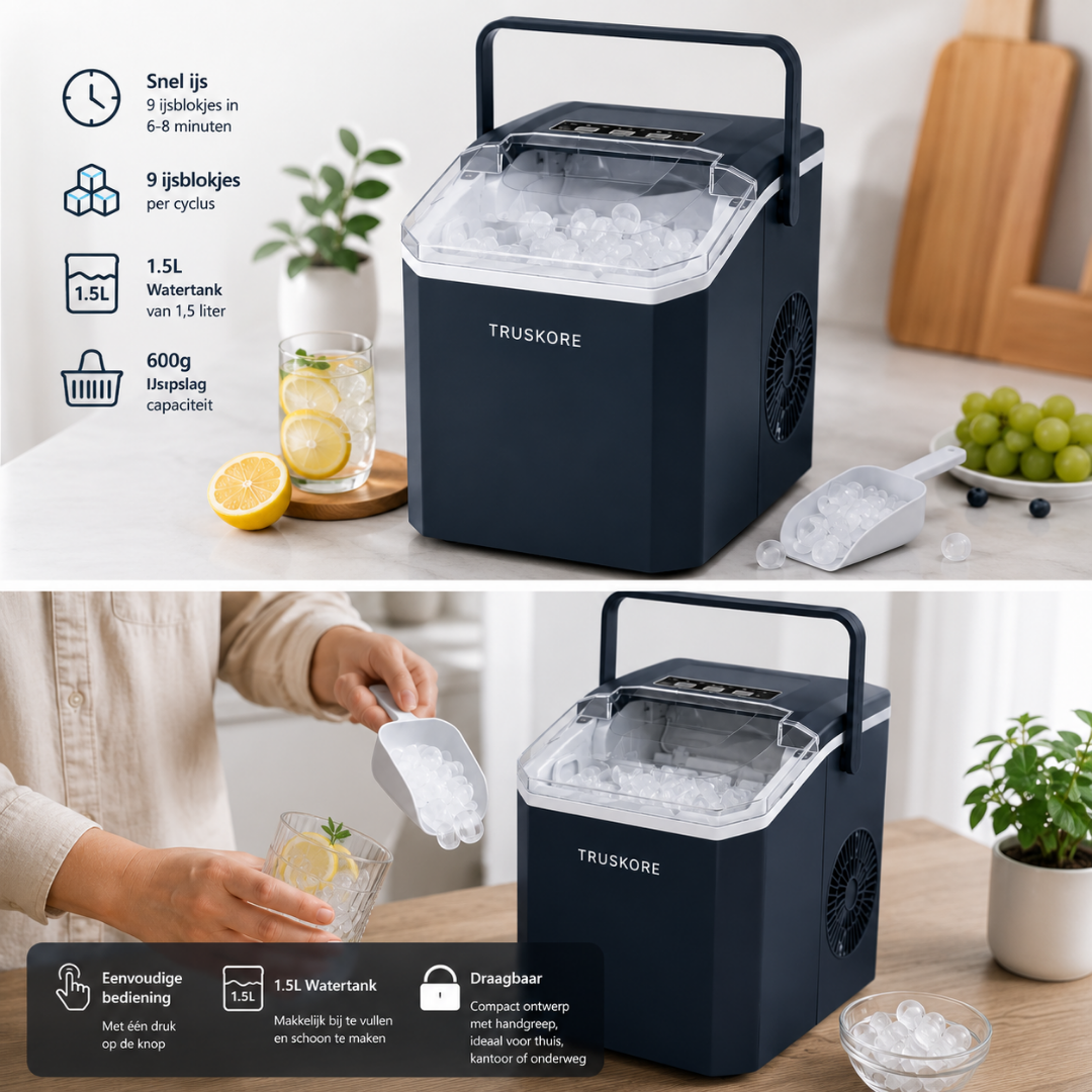 Truskore IJsblokjesmachine – IJsblokjesmakers – Snel IJs in Slechts 6-8 Minuten – 1,5L Waterreservoir – 2 IJsblokjesformaten – Compact & Stil – Zwart