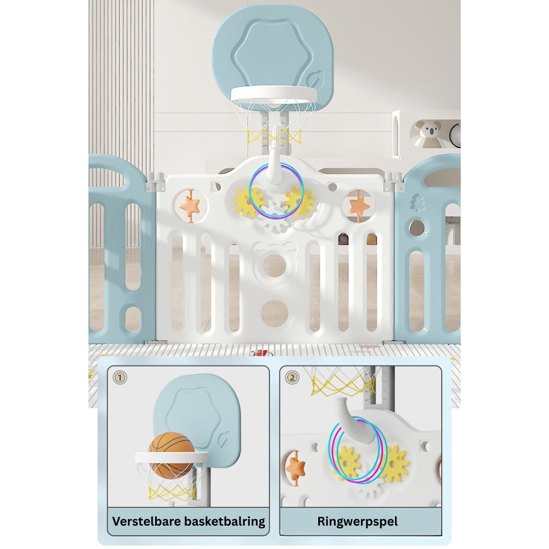 Livista Grondbox Baby –187x150x61cm – 14+2 Panelen – Inklapbare Speelbox met Beren-Thema – Verstelbare Basketbalring – Met Zuignappen – Inclusief Kruipmat – Veilig Kinderbox Playpen
