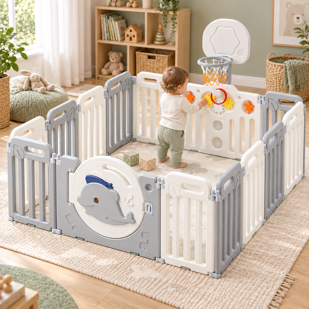 Livista Grondbox Baby –156x156x61cm – Inklapbare Speelbox met Walvisthema – 12+2 Panelen – Verstelbare Basketbalring – Met Zuignappen – Inclusief Kruipmat – Veilig Kinderbox Playpen