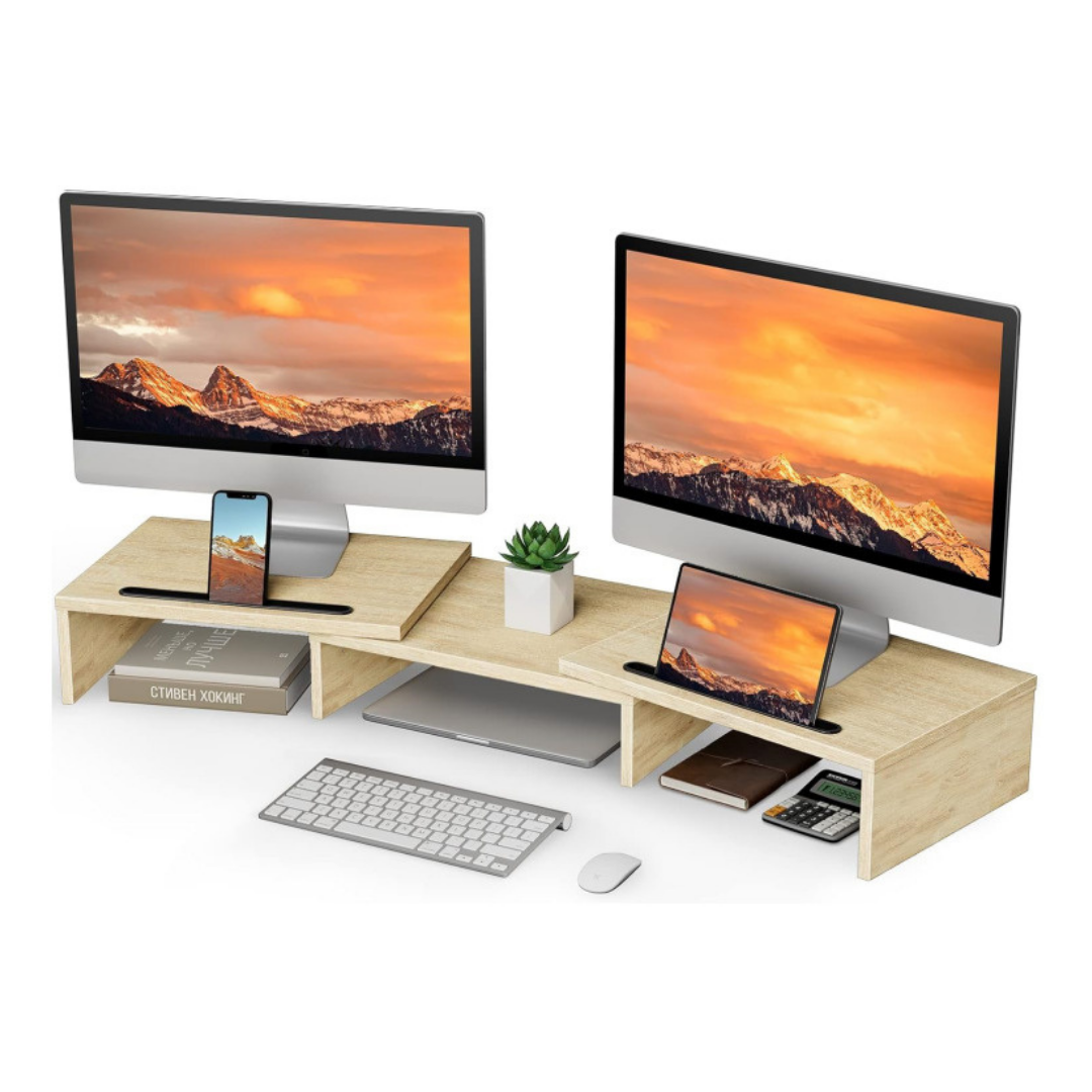 Livista Monitor Verhoger & Standaard – Geschikt voor 1 of 2 Schermen – Verstelbaar Bureau Organizer – Houtkleurig