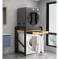 Livista Wasmachinerek – Met Uitschuifbare Hangstang – 200 kg Draagvermogen – Ruimtebesparende Wasmachine Organizer – Versterkt Stalen Frame – 3 Hoogtestanden – Water-, Kras- en Hittebestendig Werkblad – Antislip Voetjes – Zwart/Hout