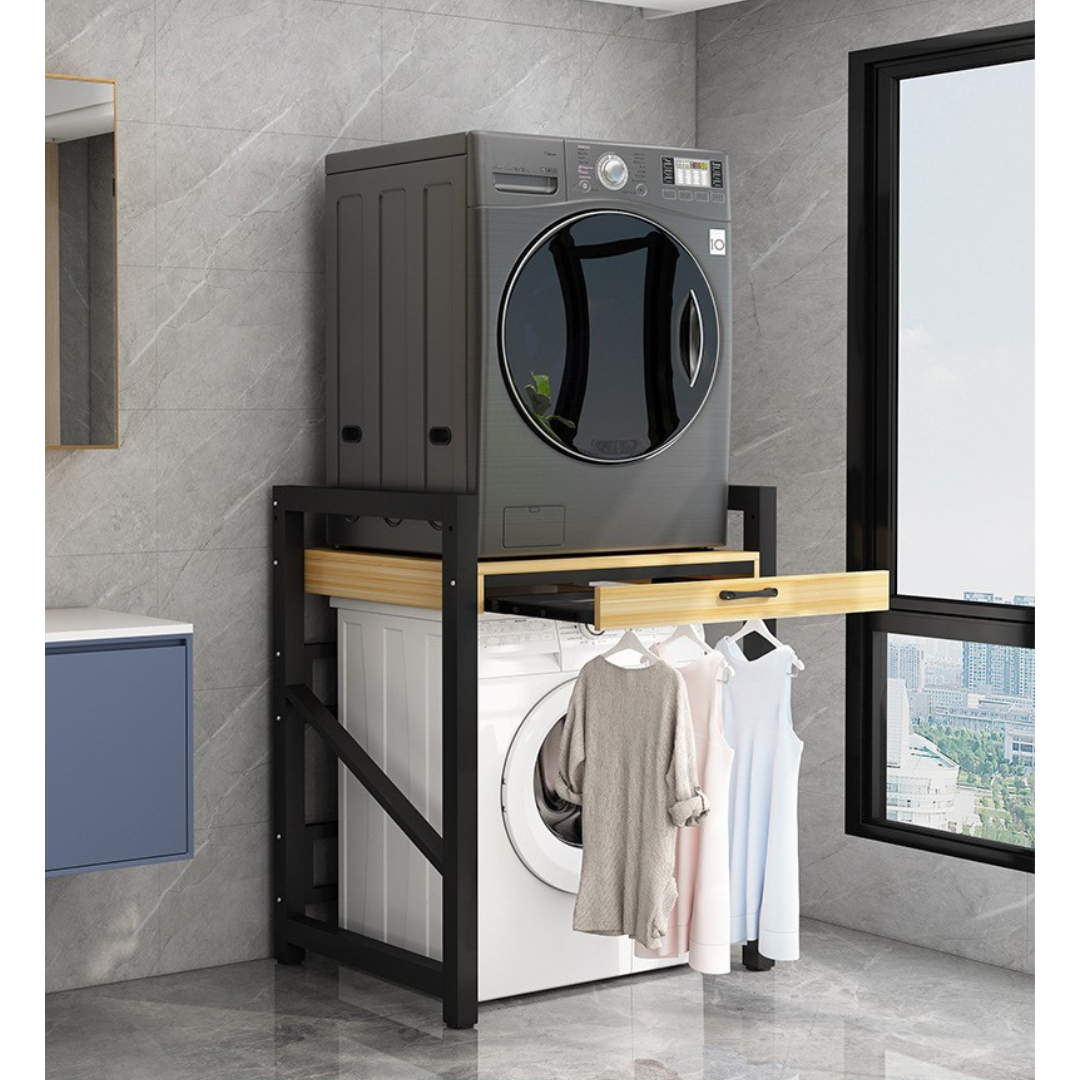 Livista Wasmachinerek – Met Uitschuifbare Hangstang – 200 kg Draagvermogen – Ruimtebesparende Wasmachine Organizer – Versterkt Stalen Frame – 3 Hoogtestanden – Water-, Kras- en Hittebestendig Werkblad – Antislip Voetjes – Zwart/Hout