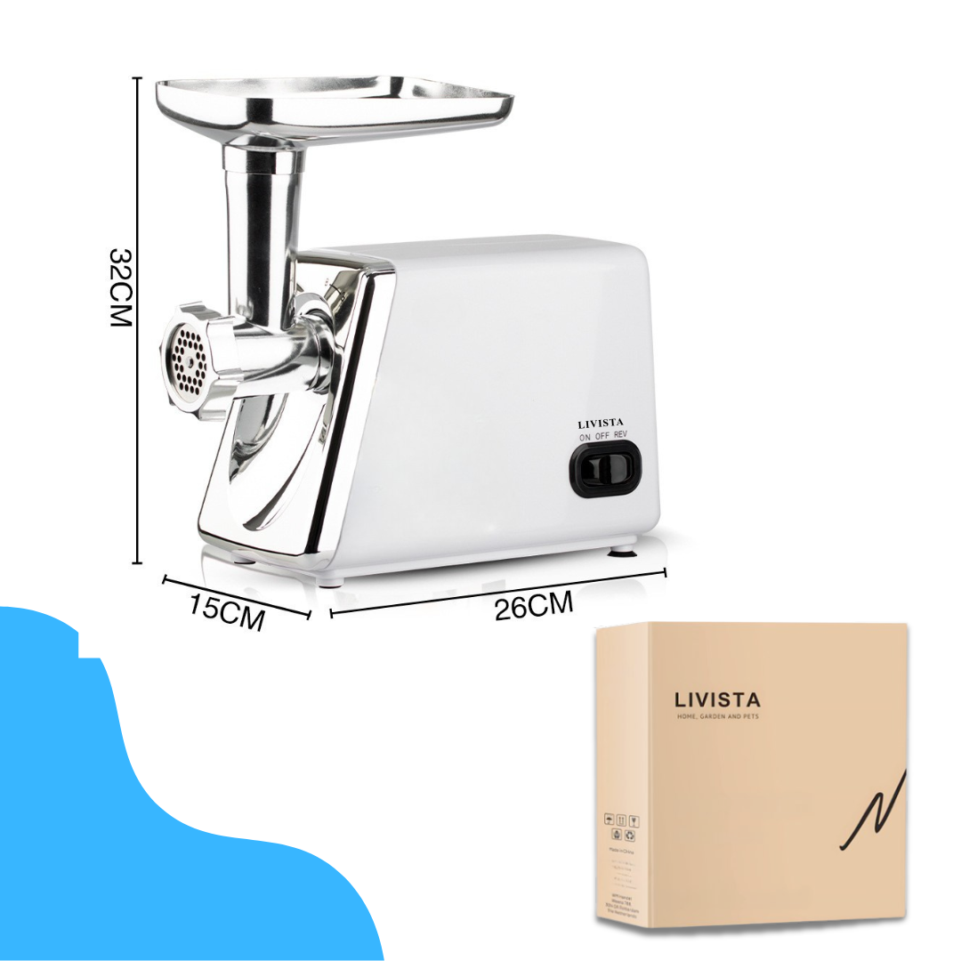 Livista Elektrische Vleesmolen - 2500W - Gehaktmolen 3 kg/min - 3 Snijplaten - Reverse Functie - RVS Vulbak 2L - Met Worstvuller & Accessoires - Wit