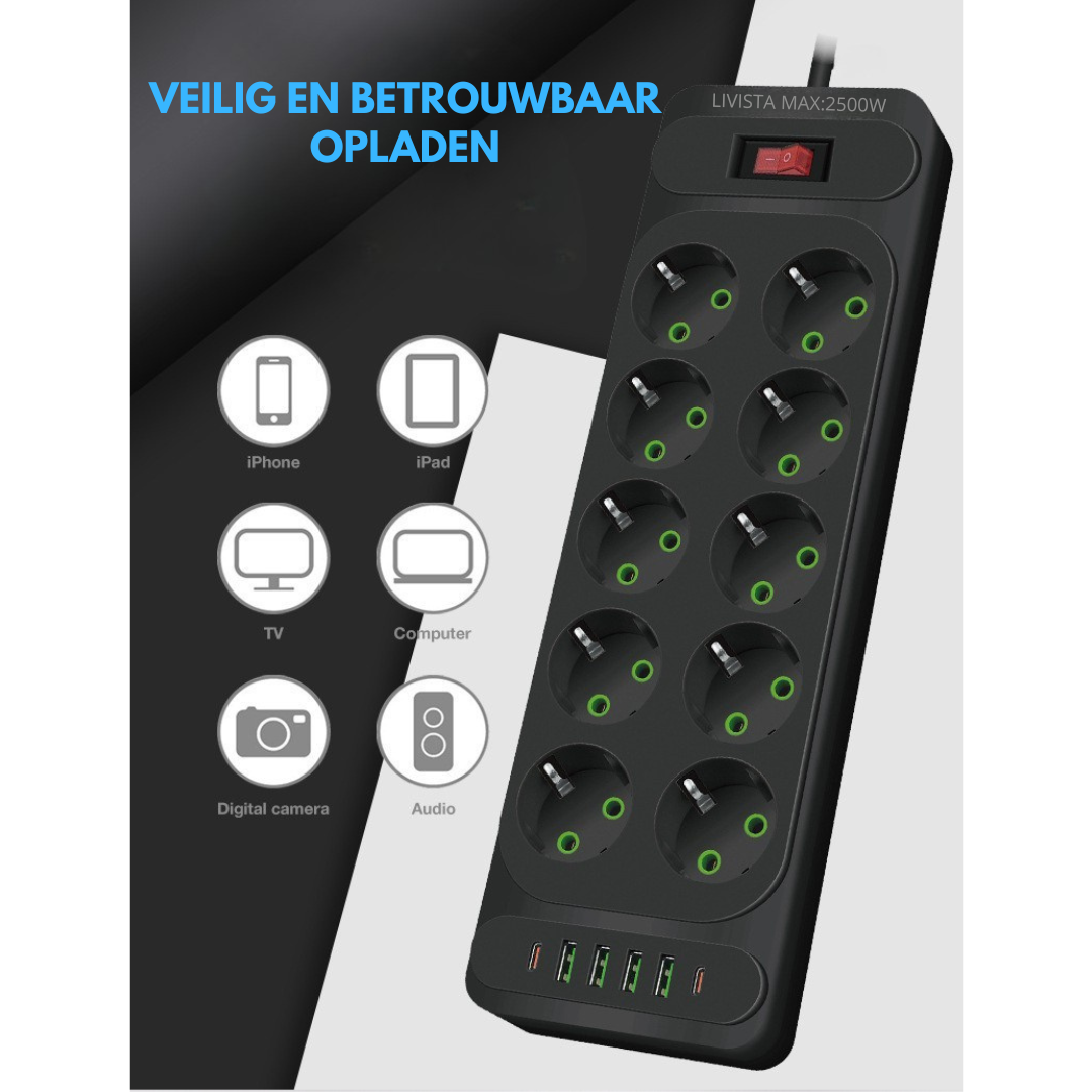 Livista Stekkerdoos – met Schakelaar 16-voudig – 2 Meter Verlengsnoer – 2500W– USB & USB-C – Overspanningsbeveiliging – Zwart